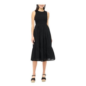 J Crew Flowy Smocked Sleeveless With Pockets Black Midi Dress US Women's L NEW